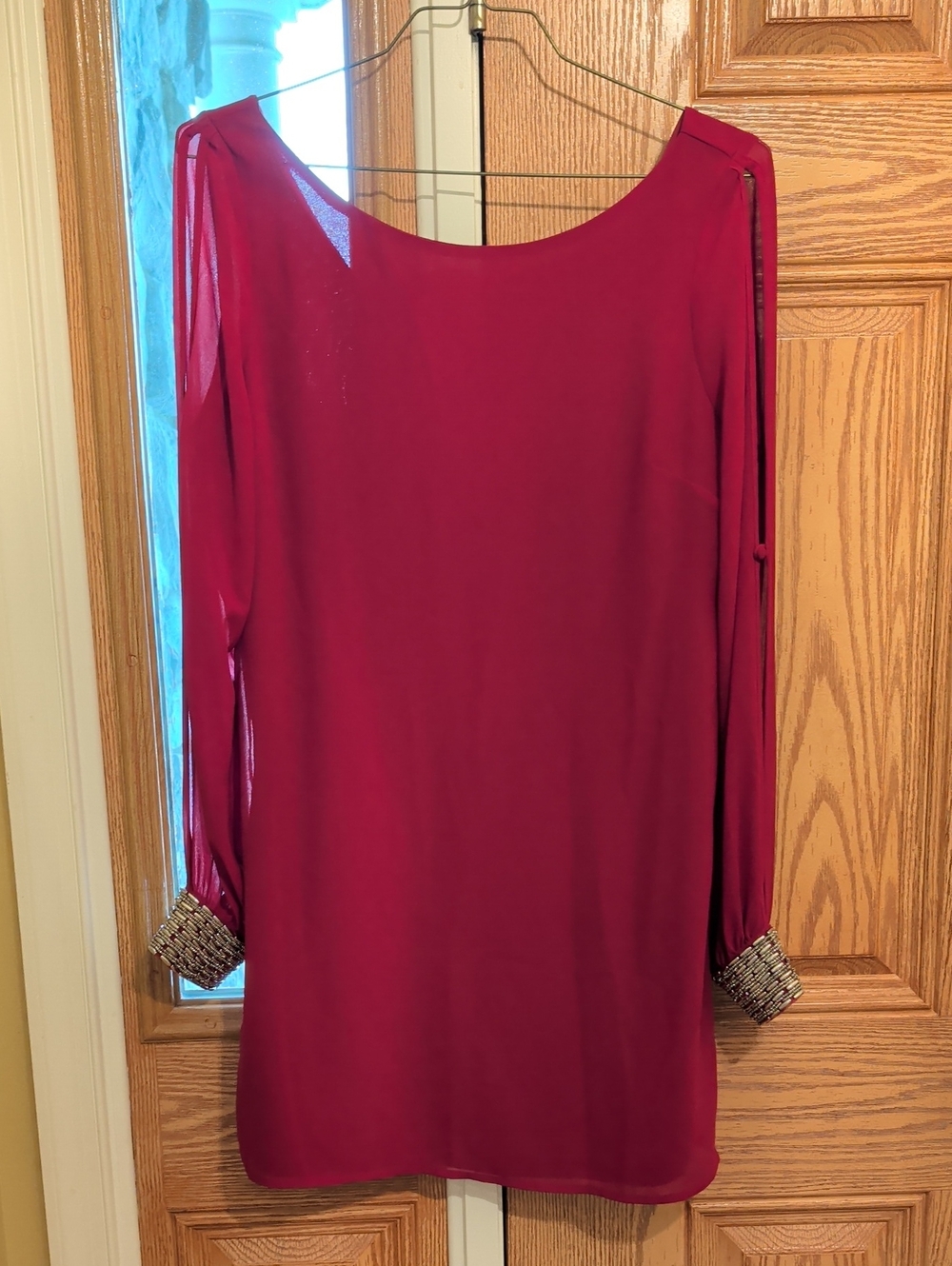 Alya Long Sleeve Dress with Beaded Cuffs - Wine Red/Burgundy